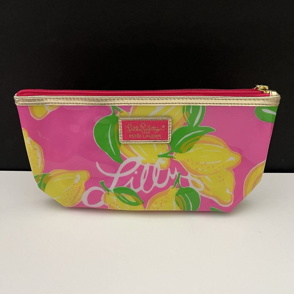 Lilly Pulitzer x Estee Lauder Pink Green Yellow Lemon Print Zipper Cosmetic Bag